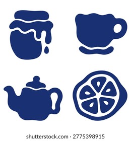 Tea time icon set with honey jar cup teapot and lemon slice flat silhouette