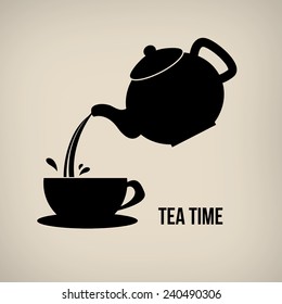 Tea time icon in vintage style poster with teapot and cup, vector illustration