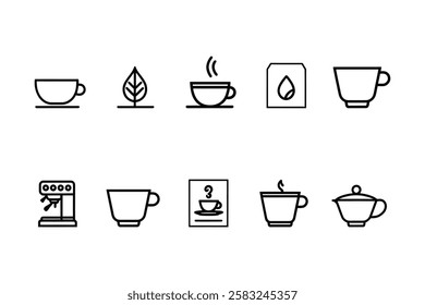 Tea Time Icons – Cups, Leaves, Bags  Machines in Line Art