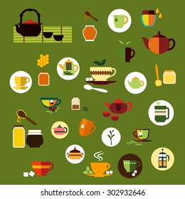 Tea time icons in flat style with various cups and mugs, tea bags, leaves and sugar cubes, teapots and french press, honey jars with dippers and honeycomb, ceramic chinese tea sets