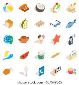 Tea time icons set. Isometric set of 25 tea time vector icons for web isolated on white background