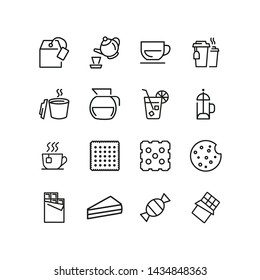 Tea time icons. Set of line icons. Cheesecake slice, chocolate, french press. Tea break concept. Vector illustration can be used for topics like business process, everyday life, food, office life