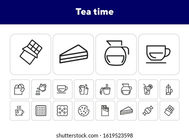 Tea time icons. Set of line icons. Cheesecake slice, bar of chocolate, french press. Tea break concept. Vector illustration can be used for topics like business process, everyday routine, office life