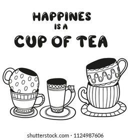 Tea time illustration, cup of tea set, vector doodle illustration. Teacup sketch and lettering