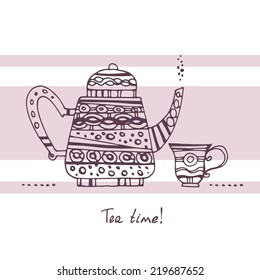 Tea time illustration. Dark contour patterned teapot and cup on a background of pink stripes.