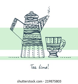 Tea time illustration. Dark contour patterned teapot and cup on a background of mint green stripes.