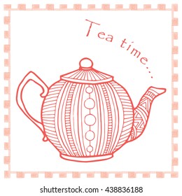 Tea time illustration with decorated tea pot and typography
