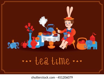 Tea time illustration with a fairy rabbit drinking tea and eating cake. Vector postcard with brown background, kettles, vases, apple pottle, princess frog and Indian elephant. Vintage design