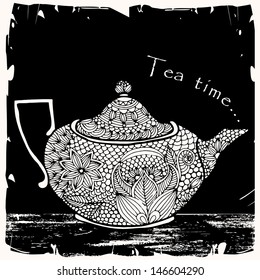 Tea time illustration with floral decorated tea pot and typography