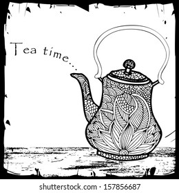 Tea time illustration with floral decorated tea pot and typography 