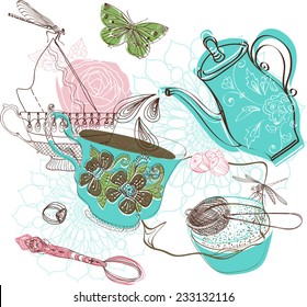 Tea time illustration with flowers, beautiful background for your design