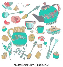 Tea time illustration with flowers, beautiful background for your design, Doodle collection of details, Vector