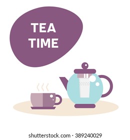 Tea time illustration: hot tea icon, cup and teapot. Purple tea party, morning, afternoon time. English tea. Isolated symbol teapot and cup on white. Welding teapot