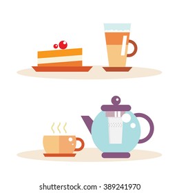Tea time illustration: tea icon, coffee, cup, teapot. Purple tea party, morning, afternoon time. English tea and cake. Isolated symbol teapot and cup on white. 
