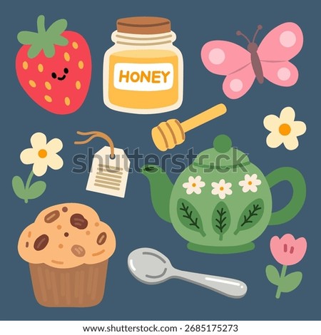 Tea time illustration set in cute flat style with strawberry, honey jar, muffin, spoon, teabag, green teapot, flowers, and butterfly. Perfect for cafe menu, stickers, patterns, and packaging.