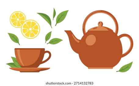 Ilustração do tempo do chá com bule, xícara, fatias de limão e folhas verdes. Ilustração de vetor de bebida quente com elementos de chá.