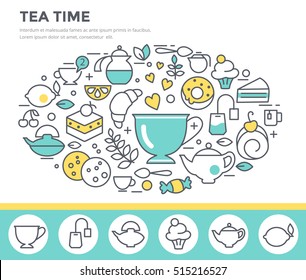 Tea time illustration, thin line, flat design