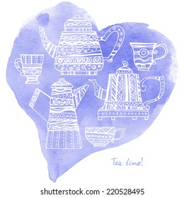 Tea time illustration. White contour patterned teapots and cups on a background of blue watercolor stains in the shape of a heart.
