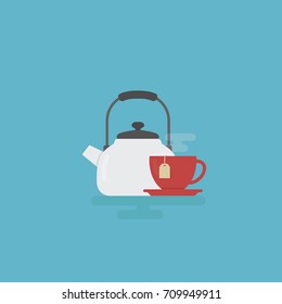 Tea Time Illustration. White Kettle and Red Cup Of Tea