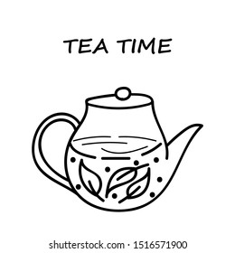 Tea time. Inspirational quote for social media and cards. Cozyness, relax and comfort. Black teapot isolated on white background