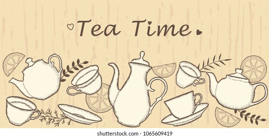 Tea time. Invitation card. Drawn teapots, cups and lemon slices.