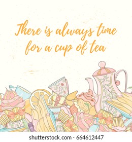 Tea time invitation card. Vintage morning hand drawn vector illustration of pot, cup, cupcake, lemon and croissant can be used for menu, flyer, cover, banner and so on