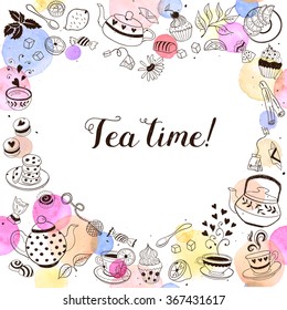 Tea time invitation concept. Tea party card design. Hand drawn doodle frame with teapots, cups and sweets.