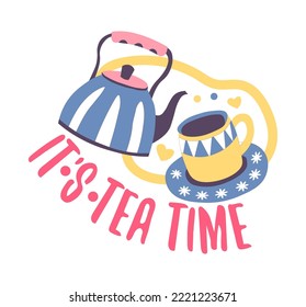 Tea time, isolated kettle with stripes, and cup of hot beverage. Tasty drink for breakfast or dinner, lunch or supper. Eating out and consuming quality aromatic liquids. Vector in flat style