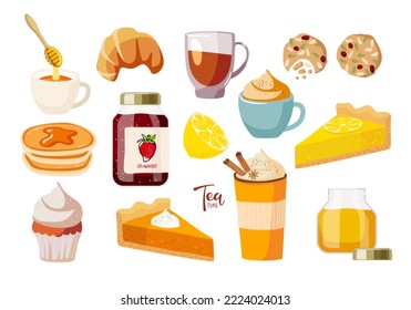 Tea time. Jars with honey and jam, cups of tea, pastries, lemon. Tasty breakfast. Various tasty bakery products and hot drinks isolated on white background for tea party, menu, shop. 