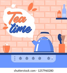 Tea time. Kettle on the electric stove in the kitchen. Illustration. Kitchen interior and utensil. Kettle boiling. Cooking. Orange and blue colors
