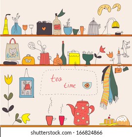 Tea time at the kitchen shelves funny design