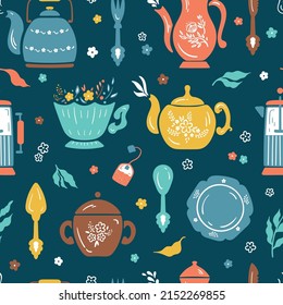 Tea Time. Kitchen Utensils. Seamless Pattern of Different Teapots. Breakfast Theme Colorful Vector Background. 