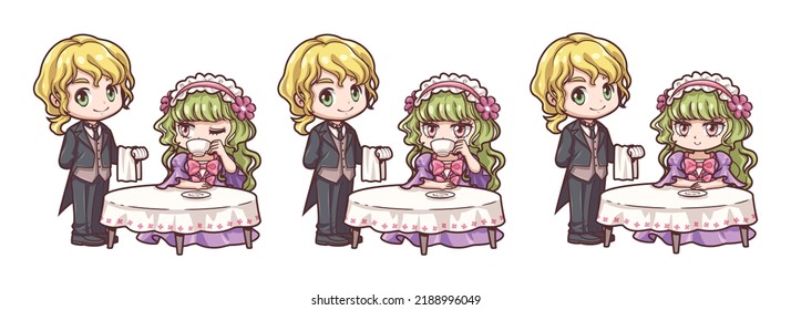 Tea time of lady and butler cartoon collection, You can use these clipart for any project such as custom, stickers planner, scrapbooking or used for as part of your design.