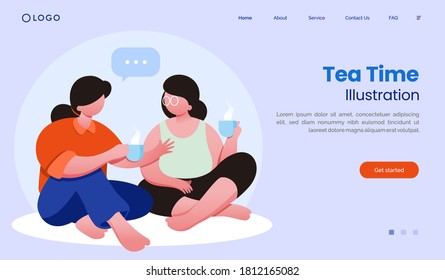 Tea time landing page website illustration flat vector template