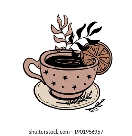 Tea time, lemon tea mug, coffee cup and plate. Doodle illustration for witch shop, witchcraft herbal potion, color hand drawing isolated on white background. Vector illustration