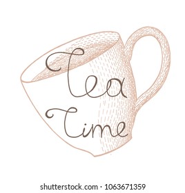 Tea time lettering with a tea cup hand drawn vector illustration. Graphic design for poster, cup, mug, greeting card, decoration.