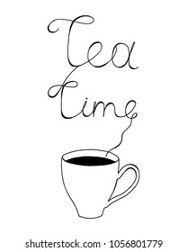 Tea time lettering with a tea cup with steam vector illustration for poster, mug, greeting card. Simple elegant graphic design.