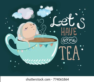 Tea time lettering and cute cartoon baby girl, hand drawn illustration
