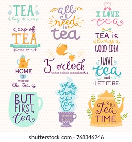 Tea time lettering logo quote vector lettering handdrawn cup of tea vintage print teatime typography poster design teapot isolated badge illustration