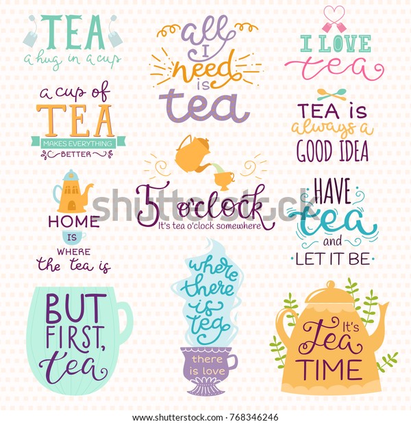 茶の時刻の文字のロゴクォートベクター画像文字の手描きの茶ビンテージ印刷のティーム印刷ポスターデザインティーポットのバッジイラスト のベクター画像素材 ロイヤリティフリー