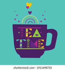 Tea time, lettering on the cup,.