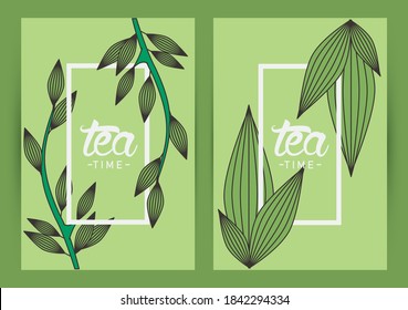 afiche con letras de tiempo de té con marcos de hojas diseño de ilustración vectorial