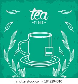 afiche de boletines para el tiempo del té con teacup y hojas de diseño de ilustración vectorial