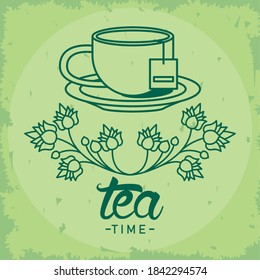 afiche de letras del tiempo del té con diseño de ilustraciones del vector de la planta y el té
