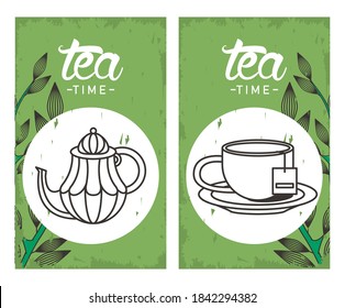 tea time lettering poster with teapot and cup in square frames vector illustration design