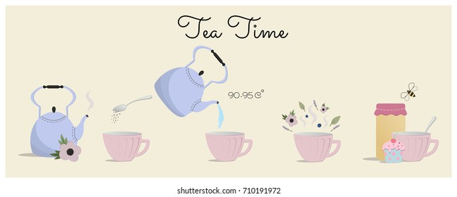 Tea time lettering with tea pots and cups. Tea time concept composition. Vector illustration