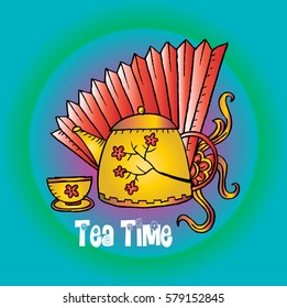 Tea time lettering with teapot and cup.

