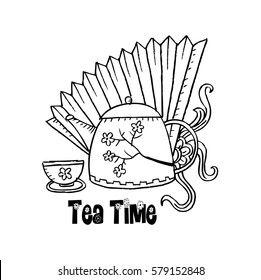 Tea time lettering with teapot and cup.
