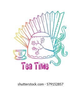 Tea time lettering with teapot and cup.
