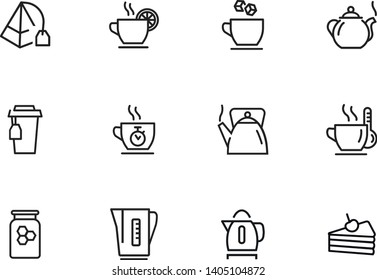 Tea time line icon set. Cup, sugar, pot, kettle, dessert. Tea concept. Can be used for topics like tea party, break, breakfast